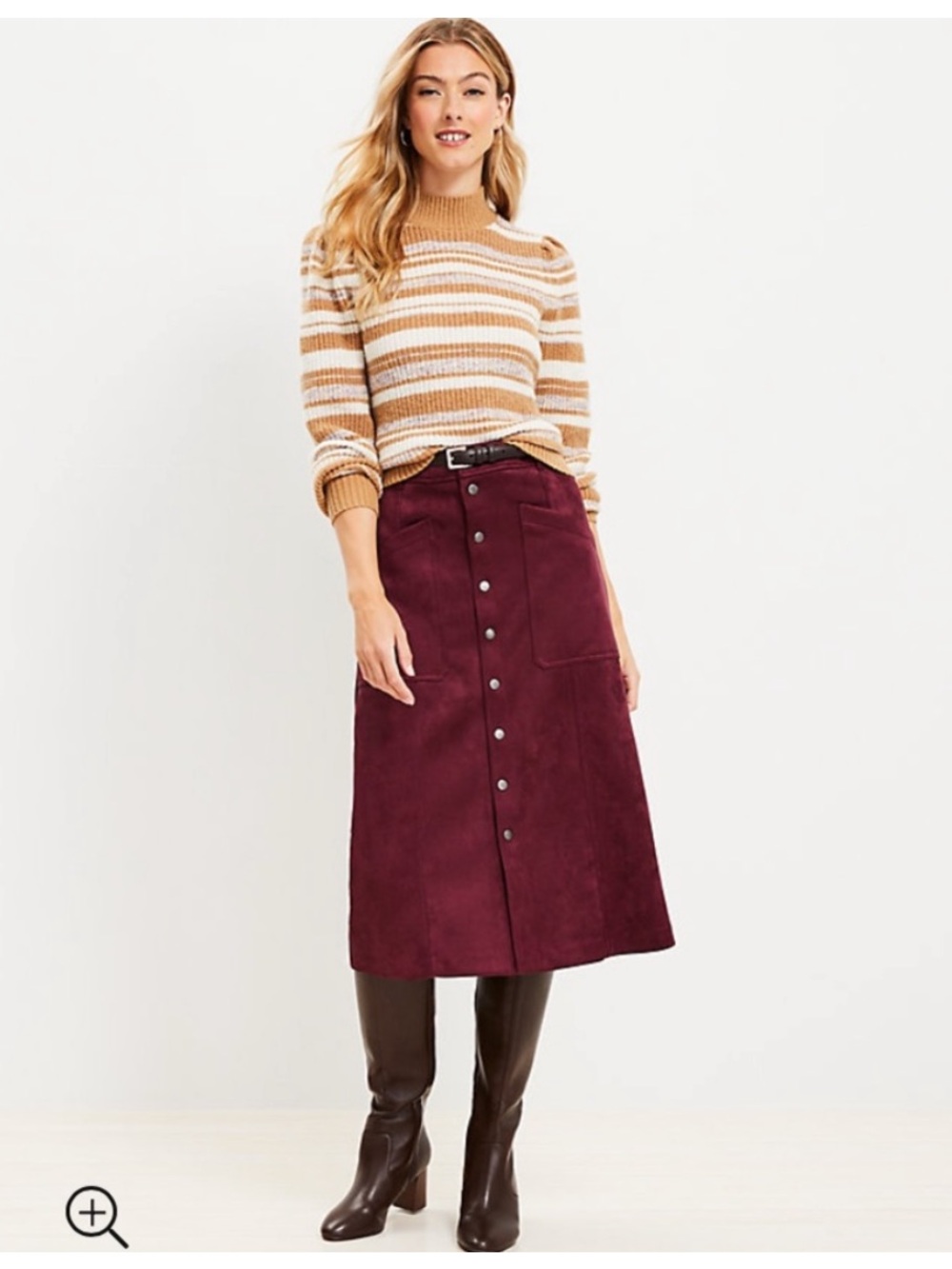 Loft Faux Suede Button-Front Midi Skirt in Burgundy